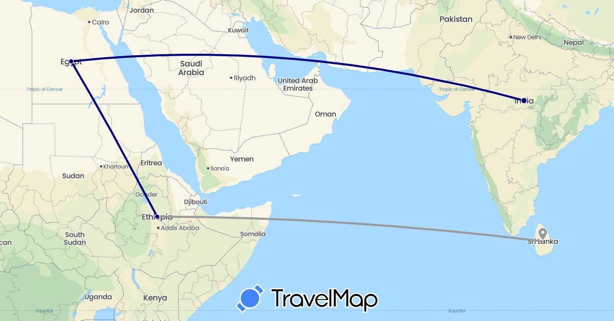 TravelMap itinerary: driving, plane in Egypt, Ethiopia, India, Sri Lanka (Africa, Asia)